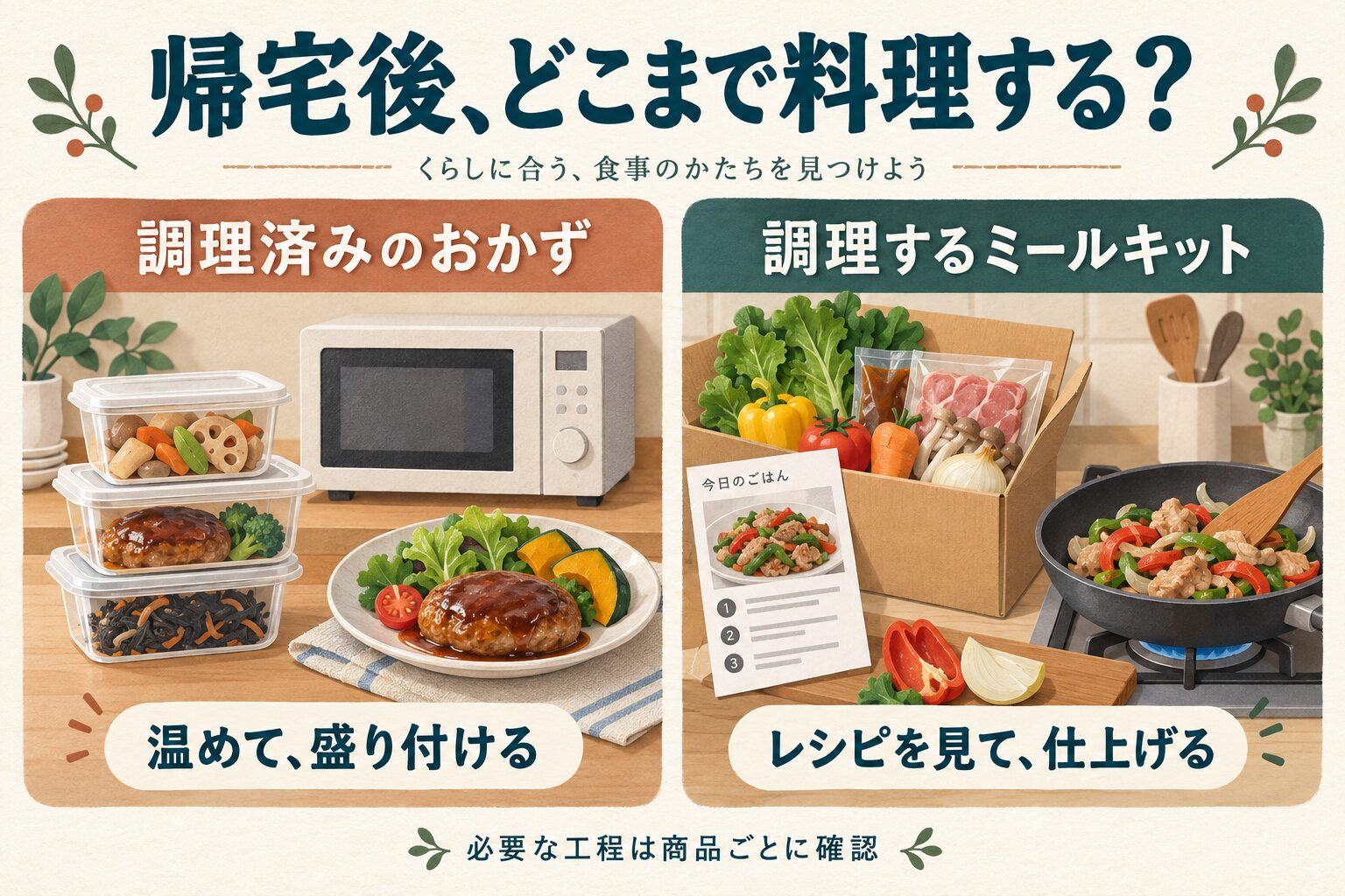 調理済みのおかずは温め・盛り付け、調理するミールキットはレシピに沿って仕上げる。必要な工程は商品ごとに確認。